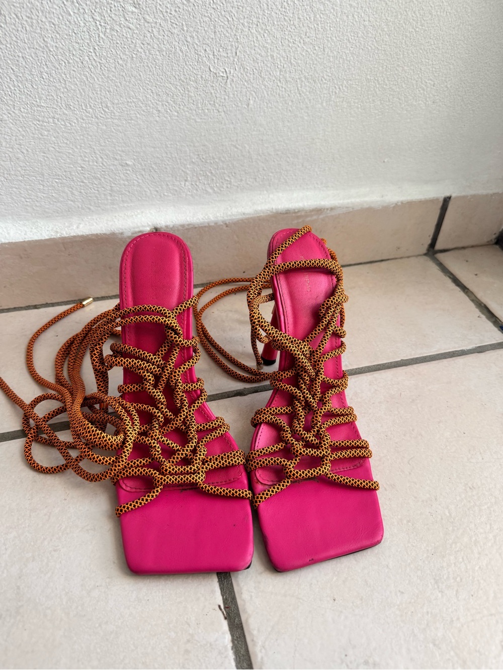 PrettyLittleThing Hot Pink Square Toe Lace-Up Heels
